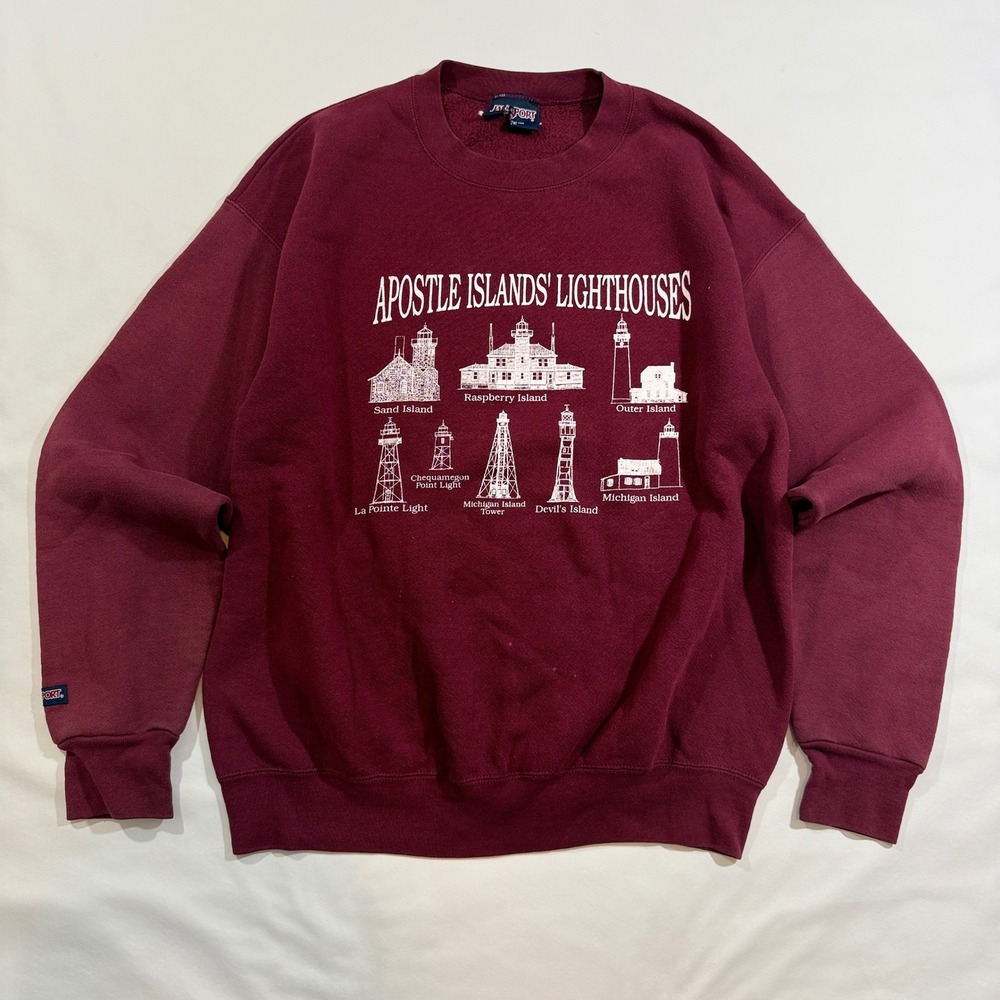 JanSport Sweatshirt Men Large Maroon Good Apostle Islands Lighthouses USA 90s